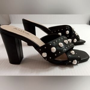 JustFab Black Pearl Embellished Women's Size 8 Block Heels